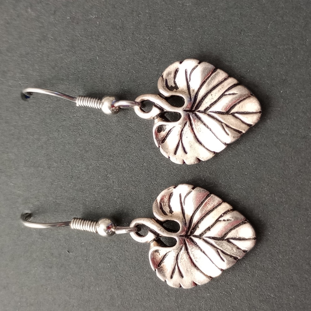 Silver Leaf Heart Shape Dangle Earrings